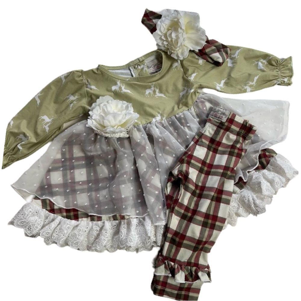Be Girl Clothing 3 Piece Winter Plaid Bucks Twirl Dress Pants Headband Set